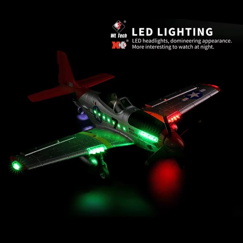 WLtoys XK A280 RC Airplane – 2.4G 4CH P51 Fighter with 3D/6G Flight Mode & LED Searchlight for Kids and Hobbyists
