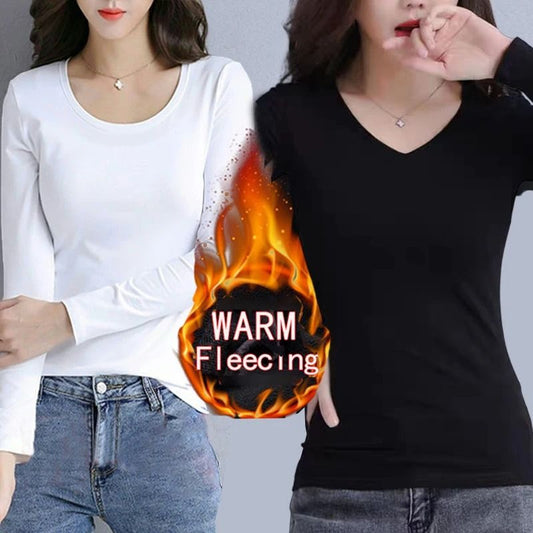 O Neck Long Sleeve Fleece Heating Fiber Thermal T Shirt Women Winter Bottoming Cropped Top Casual Skinny All Match