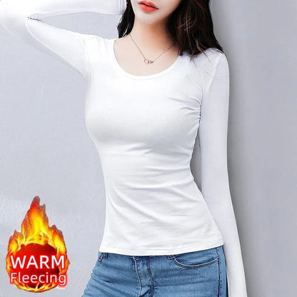 O Neck Long Sleeve Fleece Heating Fiber Thermal T Shirt Women Winter Bottoming Cropped Top Casual Skinny All Match