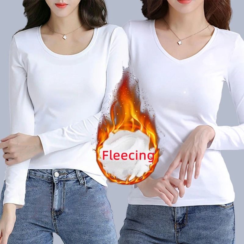 O Neck Long Sleeve Fleece Heating Fiber Thermal T Shirt Women Winter Bottoming Cropped Top Casual Skinny All Match