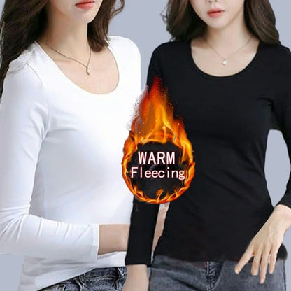 O Neck Long Sleeve Fleece Heating Fiber Thermal T Shirt Women Winter Bottoming Cropped Top Casual Skinny All Match