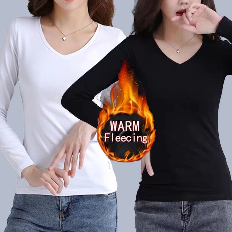 O Neck Long Sleeve Fleece Heating Fiber Thermal T Shirt Women Winter Bottoming Cropped Top Casual Skinny All Match