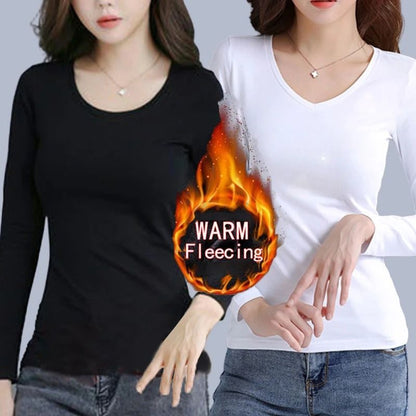 O Neck Long Sleeve Fleece Heating Fiber Thermal T Shirt Women Winter Bottoming Cropped Top Casual Skinny All Match