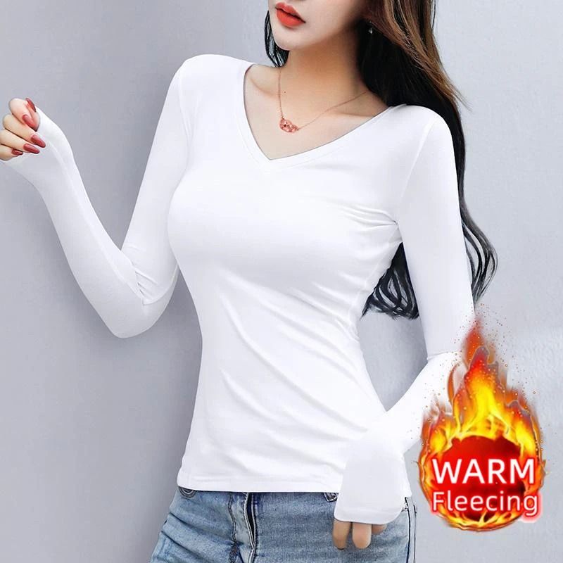 O Neck Long Sleeve Fleece Heating Fiber Thermal T Shirt Women Winter Bottoming Cropped Top Casual Skinny All Match