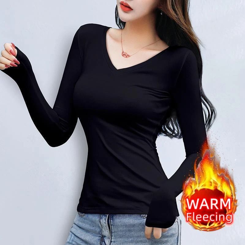O Neck Long Sleeve Fleece Heating Fiber Thermal T Shirt Women Winter Bottoming Cropped Top Casual Skinny All Match