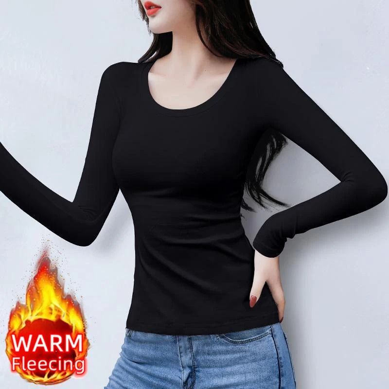 O Neck Long Sleeve Fleece Heating Fiber Thermal T Shirt Women Winter Bottoming Cropped Top Casual Skinny All Match