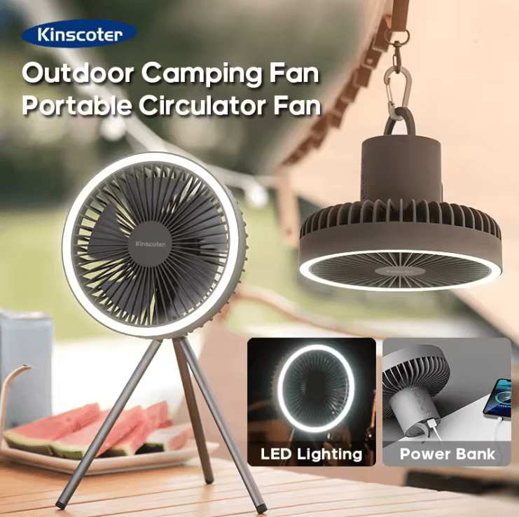 BreezeMate 10000mAh Rechargeable Camping Fan with LED Light and Power Bank Function