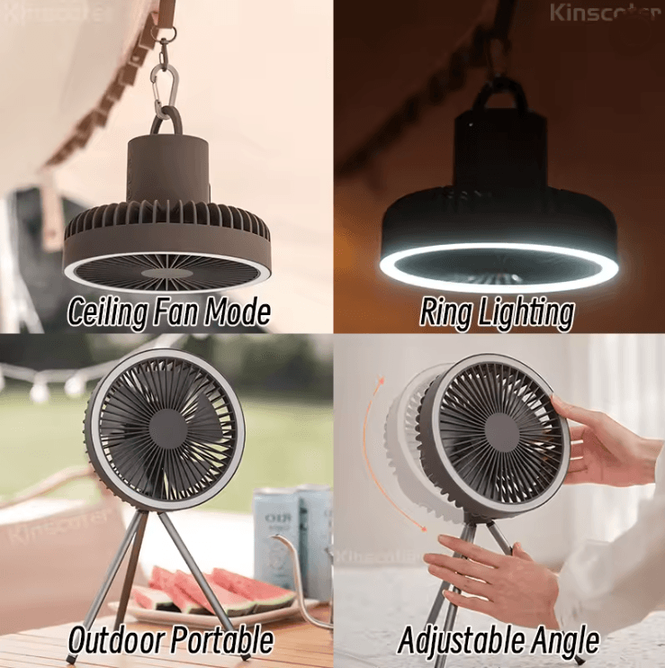 BreezeMate 10000mAh Rechargeable Camping Fan with LED Light and Power Bank Function