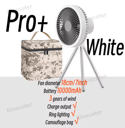 BreezeMate 10000mAh Rechargeable Camping Fan with LED Light and Power Bank Function