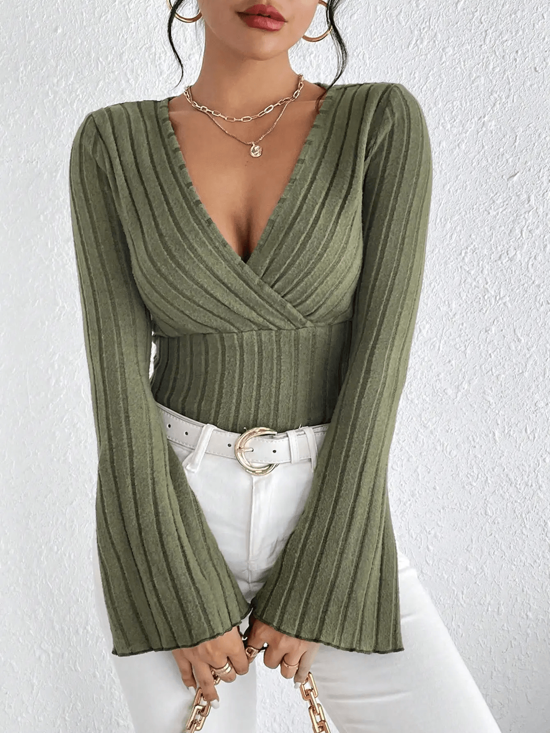 VelviFit Ribbed Knit V Neck Long Sleeve Top for Women Soft Casual Sweater Shirt
