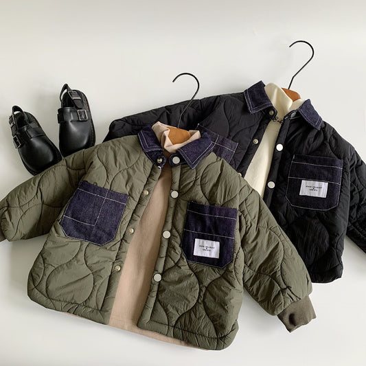 Winter Kids Jacket, Boys Denim Patchwork, Korean Style, Casual Cotton-Padded Children Clothes, Thickened Coat