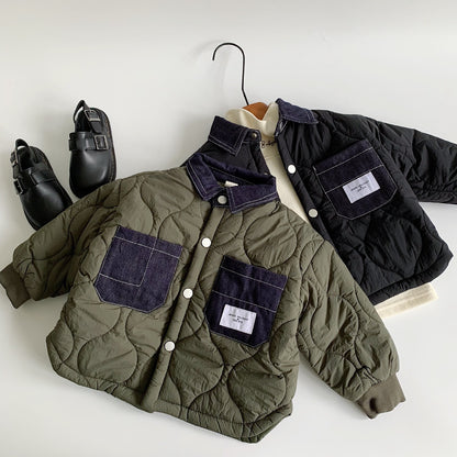 Winter Kids Jacket, Boys Denim Patchwork, Korean Style, Casual Cotton-Padded Children Clothes, Thickened Coat