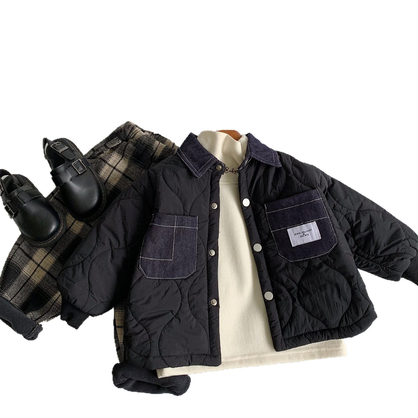 Winter Kids Jacket, Boys Denim Patchwork, Korean Style, Casual Cotton-Padded Children Clothes, Thickened Coat