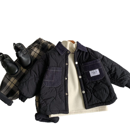 Winter Kids Jacket, Boys Denim Patchwork, Korean Style, Casual Cotton-Padded Children Clothes, Thickened Coat