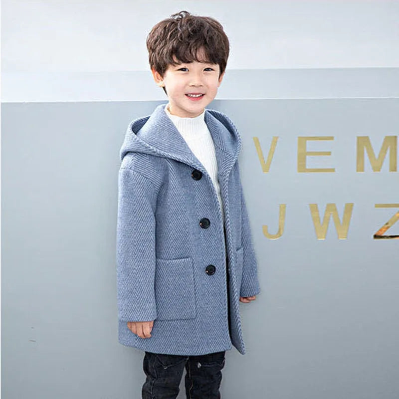 Winter Woolen Jacket For Boy, Fashion, Handsome Mid-Length Coat, Keep Warm Casual Children's Clothes