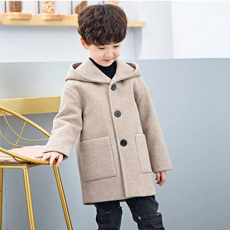 Winter Woolen Jacket For Boy, Fashion, Handsome Mid-Length Coat, Keep Warm Casual Children's Clothes