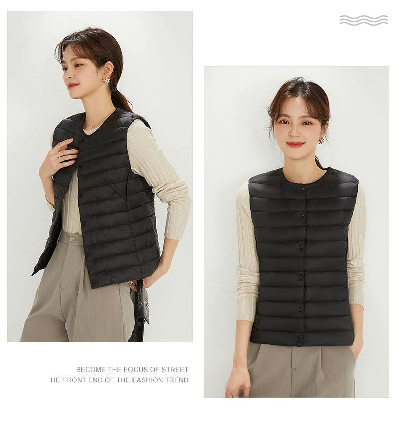Women's Lightweight Down Vest, Collarless Puffer Gilet, Sleeveless Thermal Insulation for Cold Weather