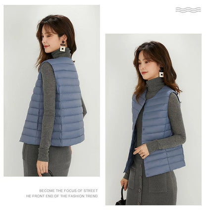 Women's Lightweight Down Vest, Collarless Puffer Gilet, Sleeveless Thermal Insulation for Cold Weather