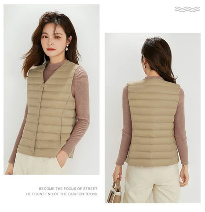 Women's Lightweight Down Vest, Collarless Puffer Gilet, Sleeveless Thermal Insulation for Cold Weather