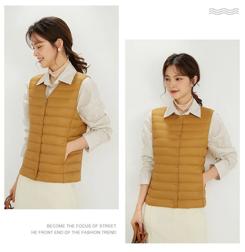 Women's Lightweight Down Vest, Collarless Puffer Gilet, Sleeveless Thermal Insulation for Cold Weather
