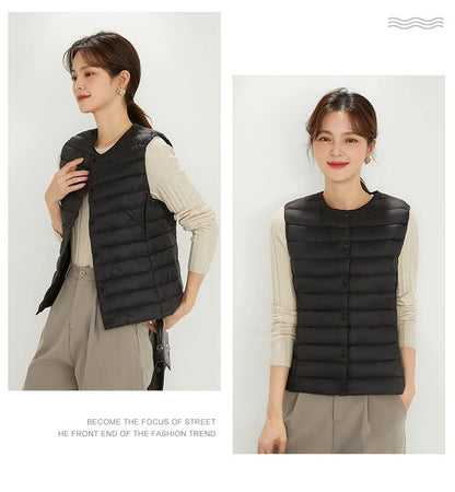 Women's Lightweight Down Vest, Collarless Puffer Gilet, Sleeveless Thermal Insulation for Cold Weather