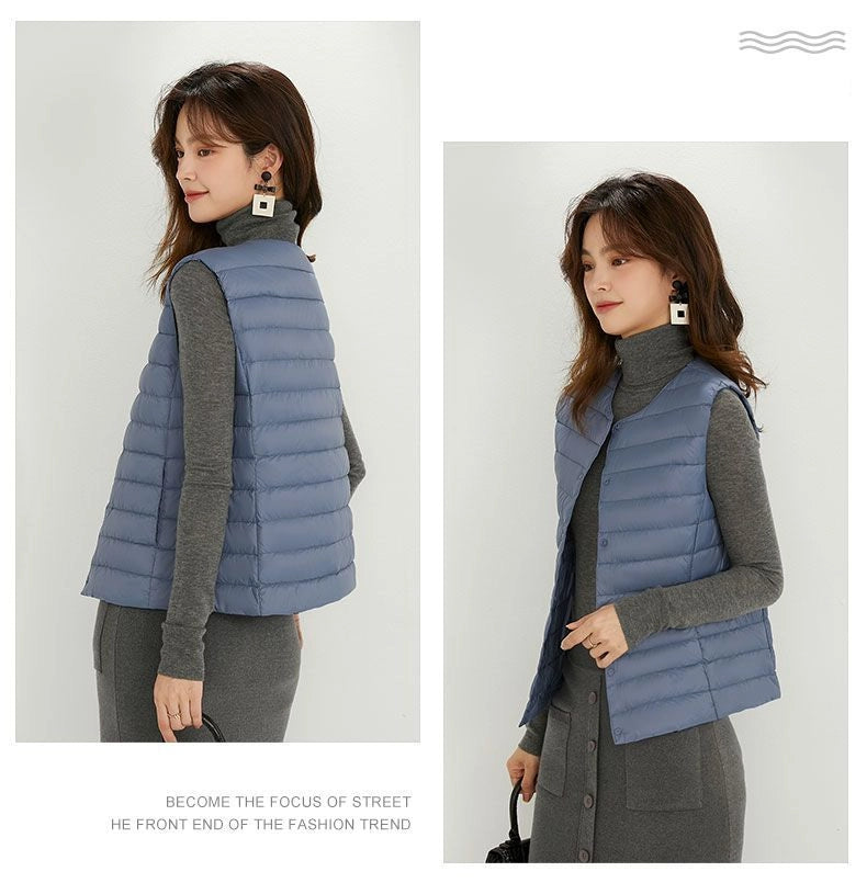 Women's Lightweight Down Vest, Collarless Puffer Gilet, Sleeveless Thermal Insulation for Cold Weather