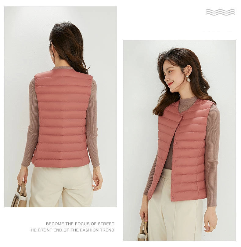 Women's Lightweight Down Vest, Collarless Puffer Gilet, Sleeveless Thermal Insulation for Cold Weather