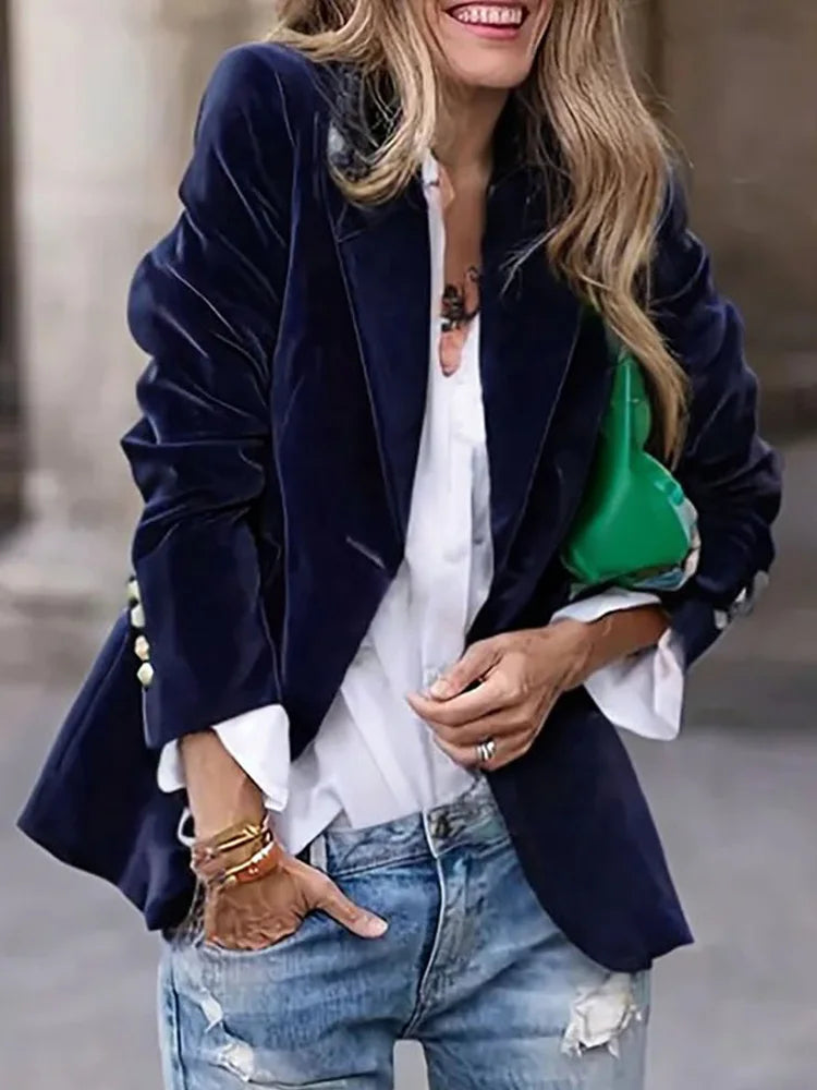 Blazers for Women, Single Button, Suit Collar, Solid Color, Long Sleeve Fashion Outerwear