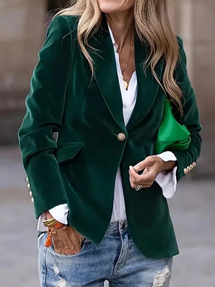 Blazers for Women, Single Button, Suit Collar, Solid Color, Long Sleeve Fashion Outerwear