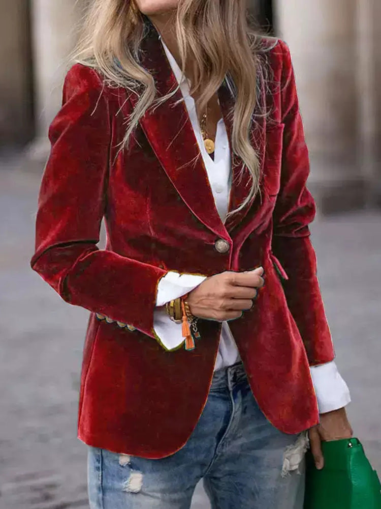 Blazers for Women, Single Button, Suit Collar, Solid Color, Long Sleeve Fashion Outerwear