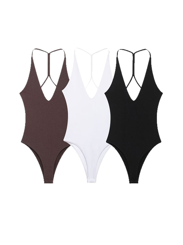Sexy Backless Bodysuit, Chic V Neck Sling Top, Slim Fit Summer Body Suits for Women, High Street Fashion