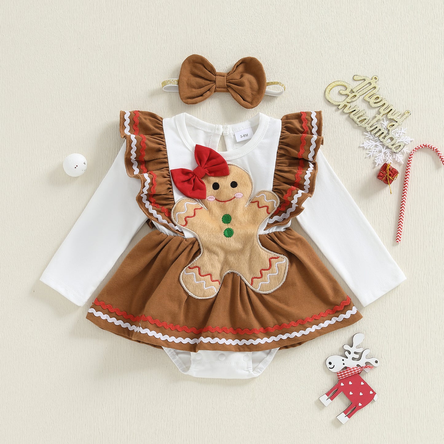 Man Embroidery Romper Set, Infant Christmas Outfit, Long Sleeve Dress and Bow Headband, Newborn Baby Girl Clothes