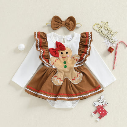 Man Embroidery Romper Set, Infant Christmas Outfit, Long Sleeve Dress and Bow Headband, Newborn Baby Girl Clothes