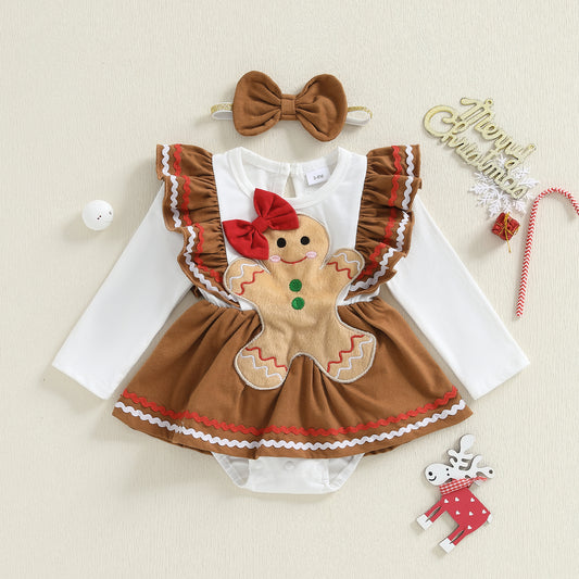 Man Embroidery Romper Set, Infant Christmas Outfit, Long Sleeve Dress and Bow Headband, Newborn Baby Girl Clothes