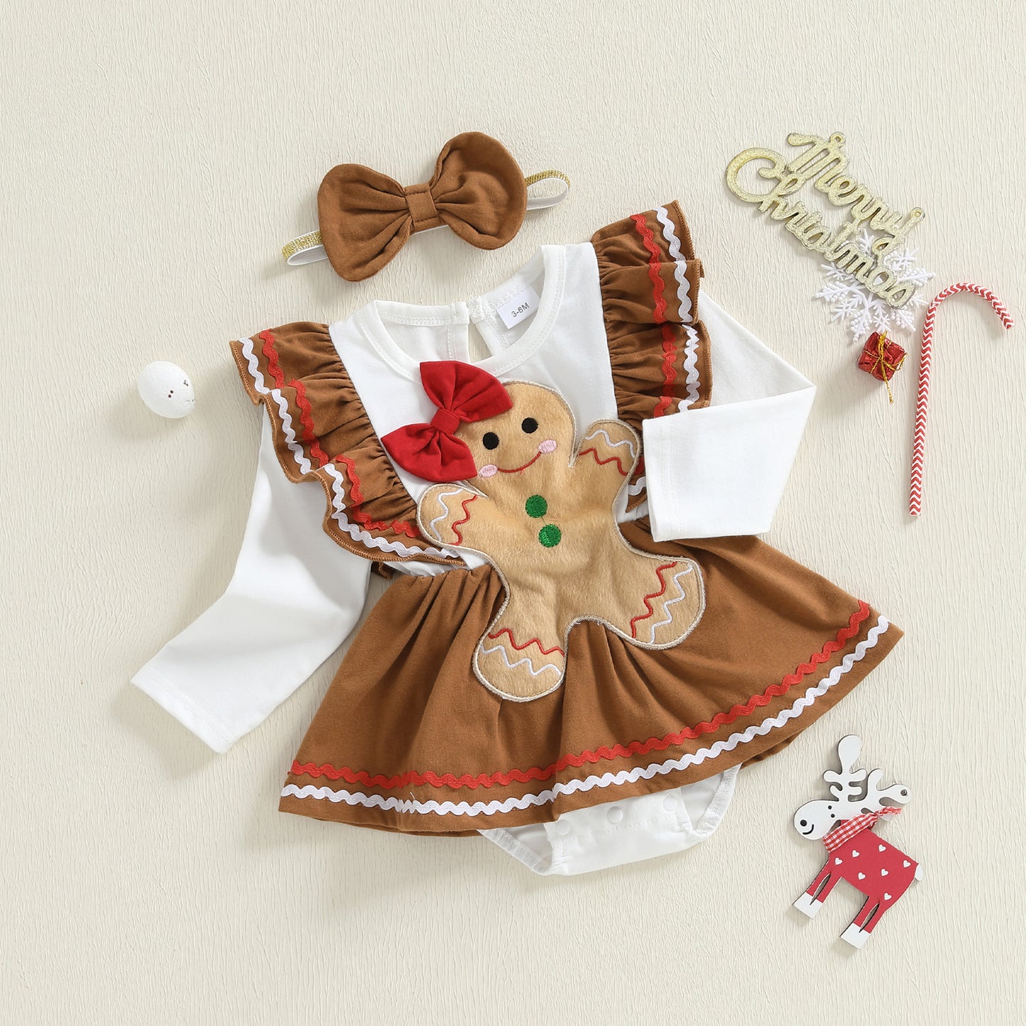 Man Embroidery Romper Set, Infant Christmas Outfit, Long Sleeve Dress and Bow Headband, Newborn Baby Girl Clothes