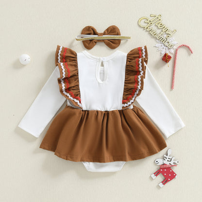 Man Embroidery Romper Set, Infant Christmas Outfit, Long Sleeve Dress and Bow Headband, Newborn Baby Girl Clothes