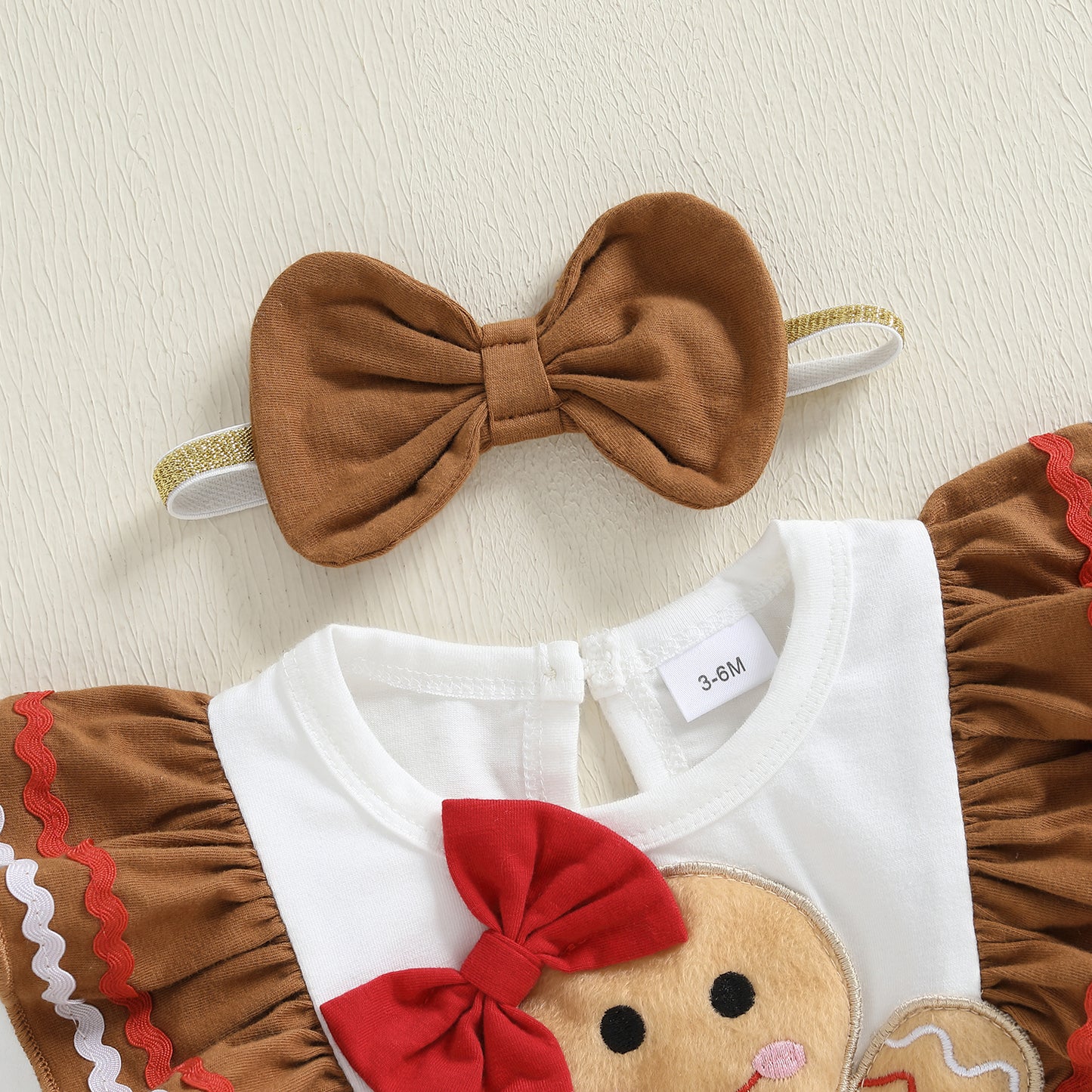 Man Embroidery Romper Set, Infant Christmas Outfit, Long Sleeve Dress and Bow Headband, Newborn Baby Girl Clothes