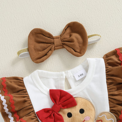 Man Embroidery Romper Set, Infant Christmas Outfit, Long Sleeve Dress and Bow Headband, Newborn Baby Girl Clothes