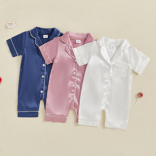 Cute Toddler Sleepwear, Baby Boy Girl Satin Pajama Set, Short Sleeve Button Up Shorts Jumpsuit