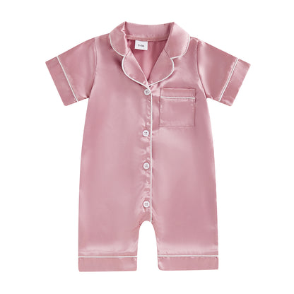 Cute Toddler Sleepwear, Baby Boy Girl Satin Pajama Set, Short Sleeve Button Up Shorts Jumpsuit