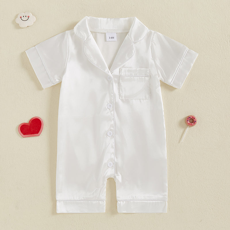 Cute Toddler Sleepwear, Baby Boy Girl Satin Pajama Set, Short Sleeve Button Up Shorts Jumpsuit