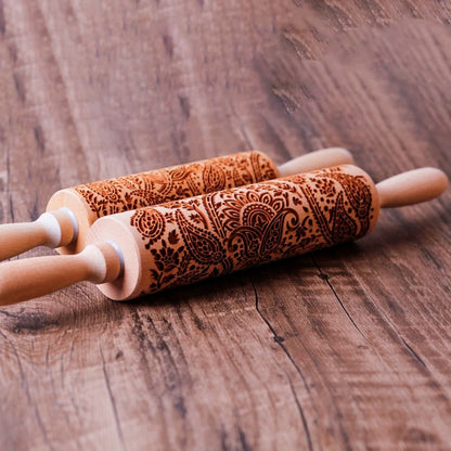 Engraved Wooden Rolling Pin for Decorative Baking