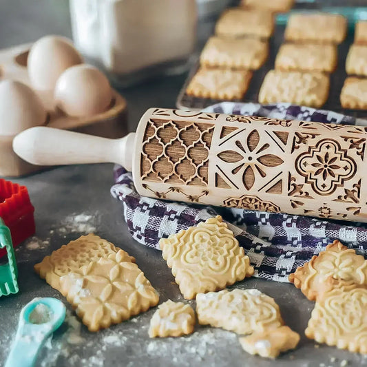 Wooden Embossing Rolling Pin for Baking Cookies and Cakes
