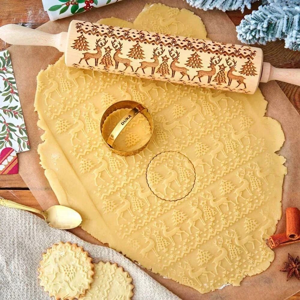Wooden Embossing Rolling Pin for Baking Cookies and Cakes