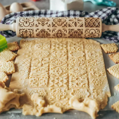 Wooden Embossing Rolling Pin for Baking Cookies and Cakes