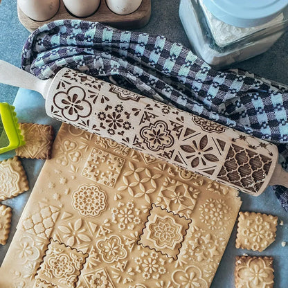 Wooden Embossing Rolling Pin for Baking Cookies and Cakes