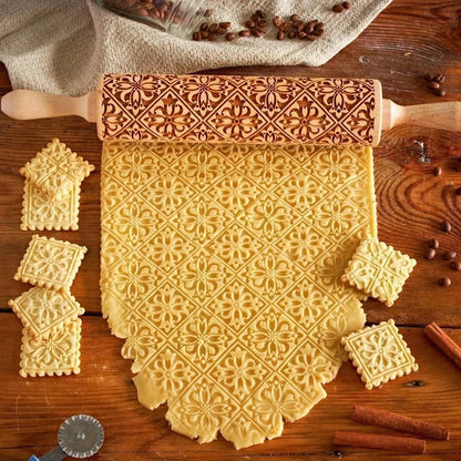 Wooden Embossing Rolling Pin for Baking Cookies and Cakes