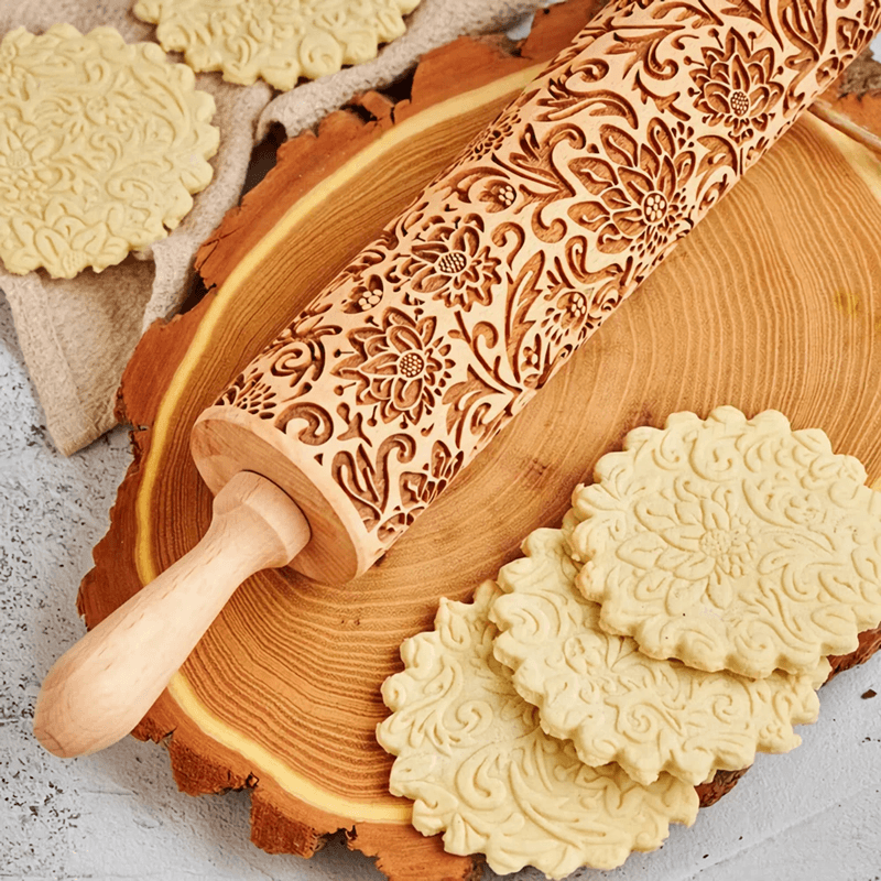 SunBloom Engraved Wooden Rolling Pin for Cookies and Pastry Designs
