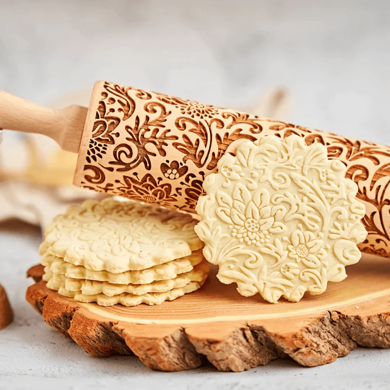 SunBloom Engraved Wooden Rolling Pin for Cookies and Pastry Designs