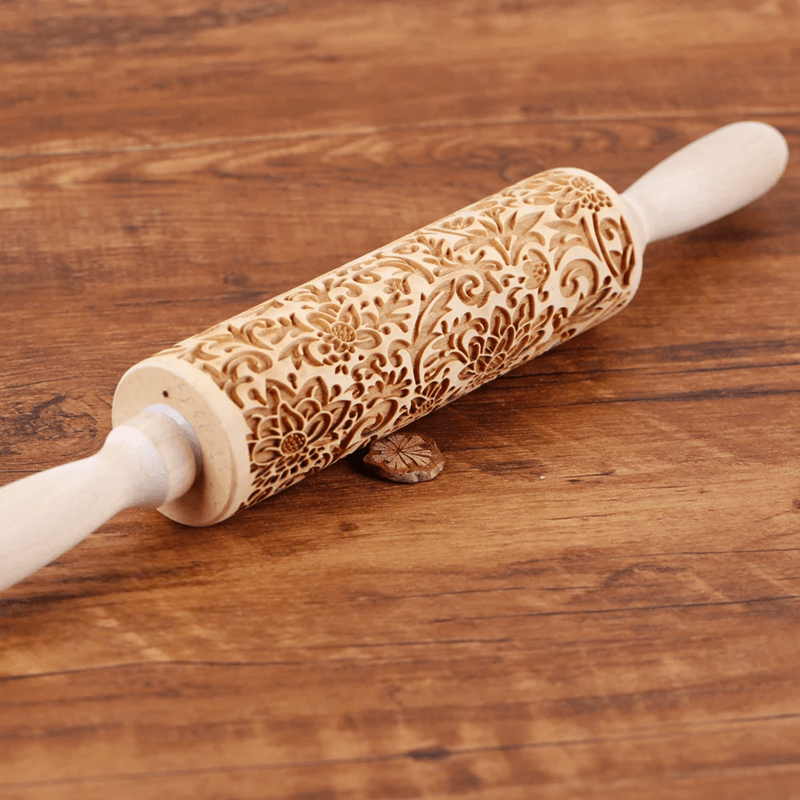 SunBloom Engraved Wooden Rolling Pin for Cookies and Pastry Designs